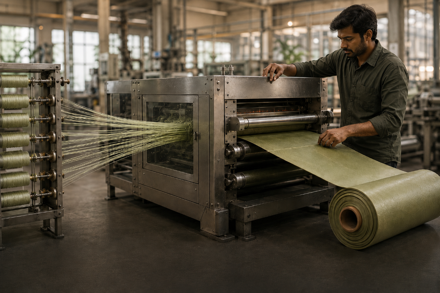 Plant fibres being woven into textile material